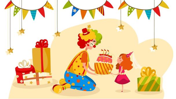 Party clown gives birthday cake to happy girl, people vector illustration - Vector, Image