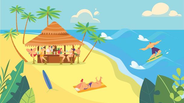 People at beach bar, summer vacation at seaside, vector illustration - Vector, Image