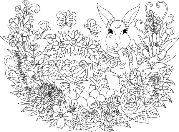 Line art of cute bunny sitting next to Easter eggs in basket in beautiful floral garden for printing, coloring book, coloring page and other  design element. Vector illustration - Вектор,изображение