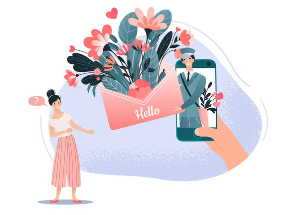 Characters man gave flower to woman, online sale web application, isolated on white, flat vector illustration. Envelope plants. - Vector, Image