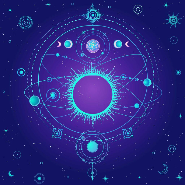 Mystical drawing: stylized Solar system, moon phases, orbits of planets, energy circle. Sacred geometry.  Background - night star sky. Vector illustration. Print, poster, T-shirt, card. - Vector, Image