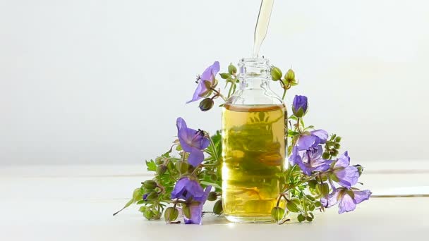 luční geranium esenciální olej v krásné láhvi na bílém pozadí - Záběry, video