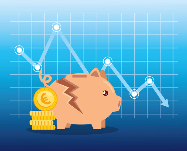 stock market crash with piggy bank and icons - Vector, Image