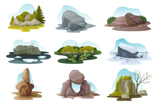 Boulder and rock stone isolated vector illustration set, cartoon pile of boulders in all nature seasons - Vetor, Imagem