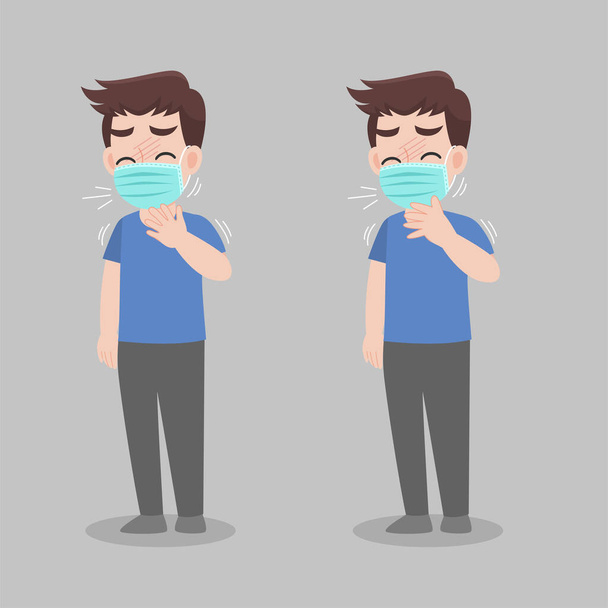 Man with different diseases symptoms - fever, cough, snot. wearing a surgical protective Medical mask for prevent virus Wuhan Covid-19.Corona virus. Health care concept. - Vector, Image