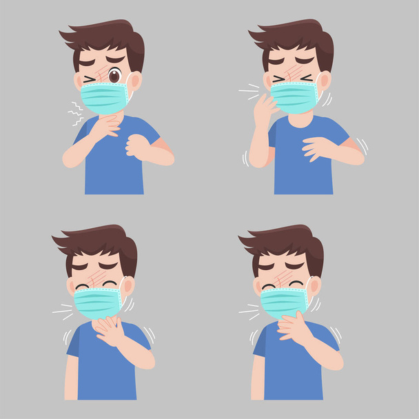Set of man with different diseases symptoms - fever, cough, Sore throat. wearing a surgical protective Medical mask for prevent virus Wuhan Covid-19.Corona virus. Health care concept. - ベクター画像