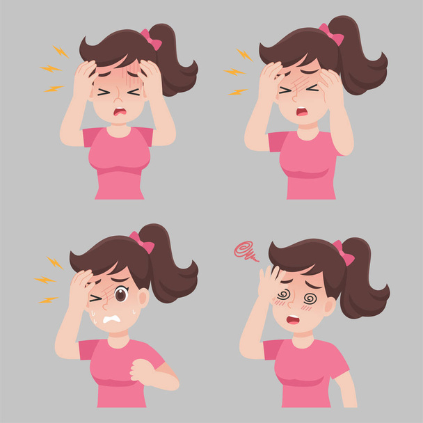 Woman with different diseases symptoms - Headache, fever, dizziness, Health care concept. - Vector, Image