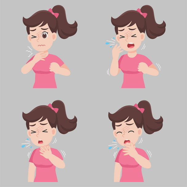 Mujer con diferentes síntomas de enfermedades fiebre, tos, mocos. Conjunto de iconos sobre signos de enfermedad infantil. Concepto de salud
. - Vector, imagen