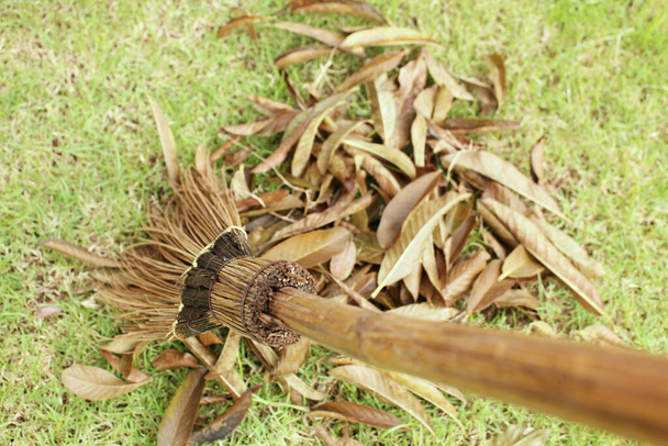 Barrer hojas de otoño con palo de escoba en el césped de hierba
 - Foto, Imagen