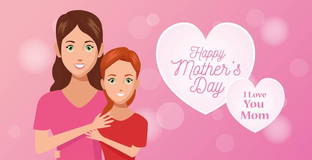 happy mothers day character with daughter and hearts - Вектор,изображение