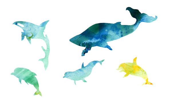 Aquarellsilhouetten von Walen und Delfinen. Für Karten- und Illustrationsdesigns. - Foto, Bild