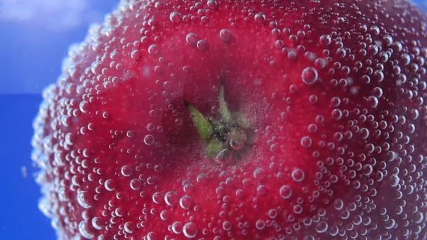 спелые сочные красное яблоко под водой в селективном фокусе крупным планом макроводы. фрукты в воде
 - Кадры, видео