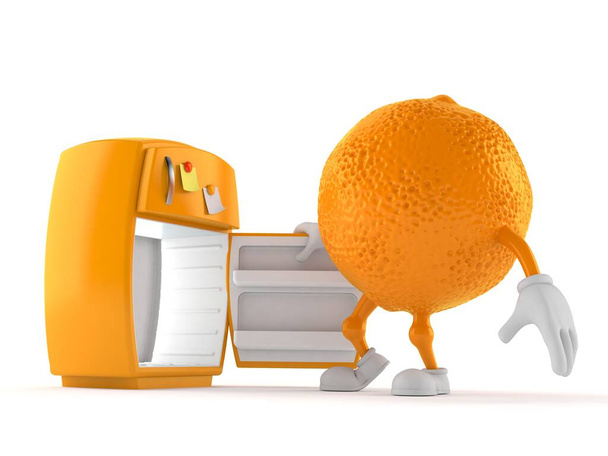 Carattere arancione con frigo aperto isolato su sfondo bianco. Illustrazione 3d
 - Foto, immagini