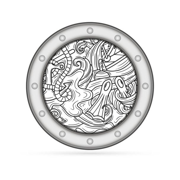 Doodle porthole with sea icon isolated on white. Marine pattern with boat, paddle, wave. Outline antistress coloring. Vector stock illustration - Vector, Image