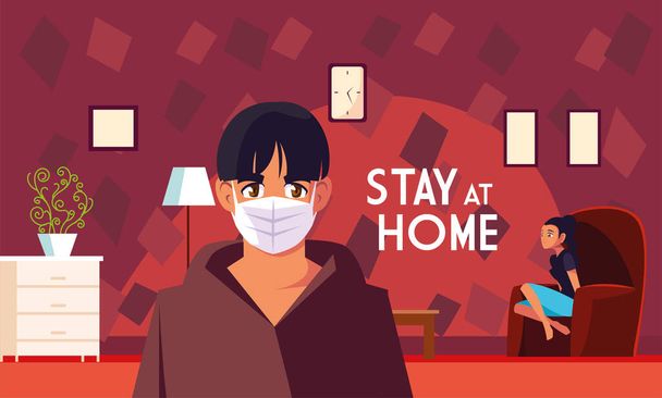 stay at home awareness social media campaign and coronavirus prevention, men share in the home - Vector, Image
