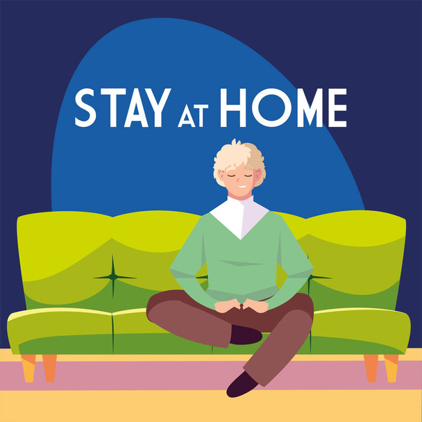 stay at home awareness social media campaign and coronavirus prevention: man sitting on the sofa - Vector, Image