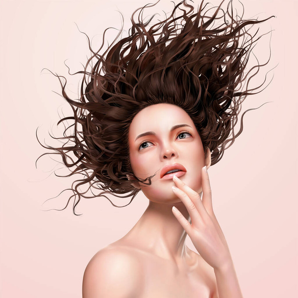 Attractive flowy hair woman looking up in 3d illustration, pink backgrounf - Vecteur, image