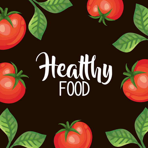cartel de alimentos saludables con marco de tomates y hojas
 - Vector, Imagen