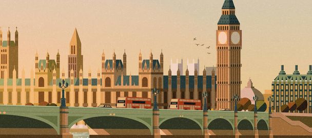Büyük Ben ve Westminster Köprüsü sahnesi düz stil. - Vektör, Görsel