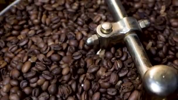 Roasted Coffee Beans Left for cooling on cooling tray, being mixed - Video