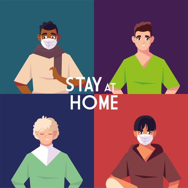 мужчины предотвращает коронавирус и симптомы, остаться дома
 - Вектор,изображение