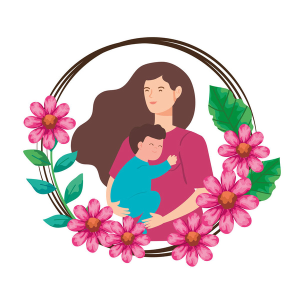 vrouw zwanger dragen baby jongen in frame van bloemen - Vector, afbeelding