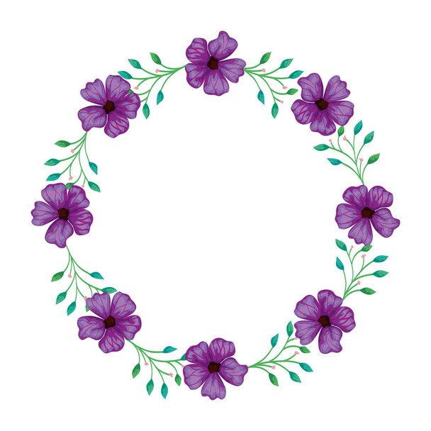 frame circular of flowers purple with branches and leafs - Wektor, obraz