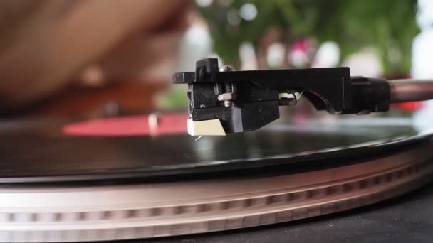 retro vinyl player works. Party for vintage music lovers. romantic mood, the atmosphere of analog music. selective focus - Footage, Video