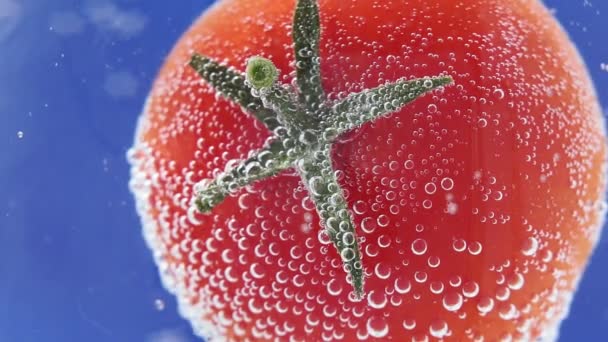 kypsä tomaatti vedessä kuplia. mehukkaat vihannekset lähikuva, makrovalikoiva keskittyminen. Puhdas syöminen
 - Materiaali, video