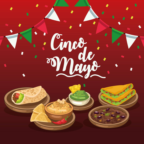 Празднование Синко де Майо с гирляндами и едой
 - Вектор,изображение