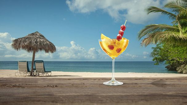 Summer refreshing cocktail with sea or ocean beach on background - Photo, Image