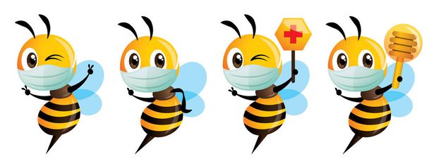 Cartoon cute bee mascot wear protective surgical mask series. Cute bee holding red cross honeycomb sign to protect against bacteria and virus. Vector illustration isolated - Vector, Image