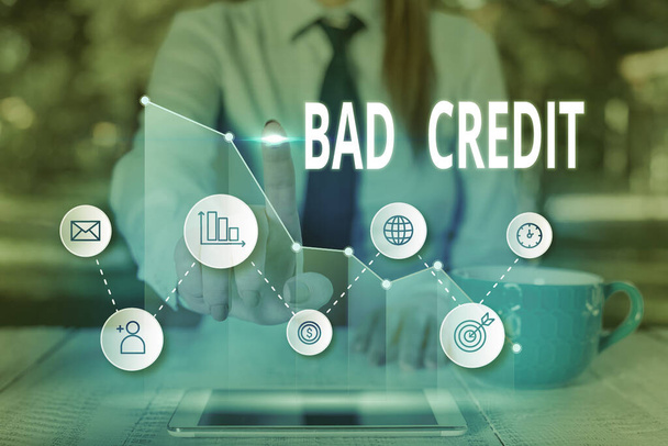 Pismo z napisem "Bad Credit". Koncepcja oznaczająca niemożność wykazania lub przedsiębiorstwa spłaty długu na czas. - Zdjęcie, obraz