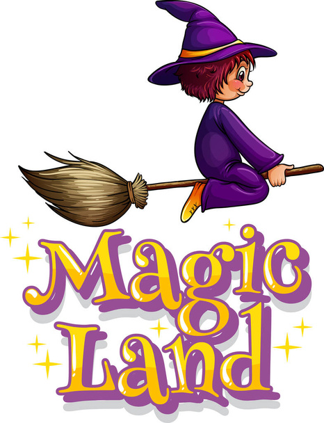 Schriftdesign für Zauberland mit Hexe, die auf magischem Besen fliegt - Vektor, Bild
