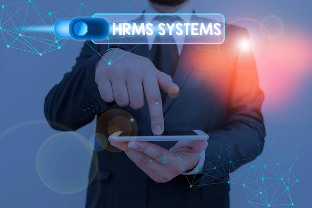 Writing note showing Hrms Systems. Business photo showcasing connect human resource management and information technology. - Fotó, kép