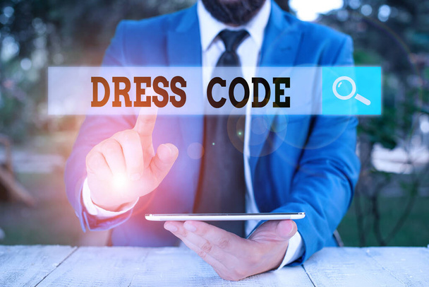 Writing note showing Dress Code. Business photo showcasing an accepted way of dressing for a particular occasion or group. - Photo, Image