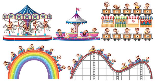 Sada šťastných opic hrající různé jízdy v cirkusu ilustrace - Vektor, obrázek