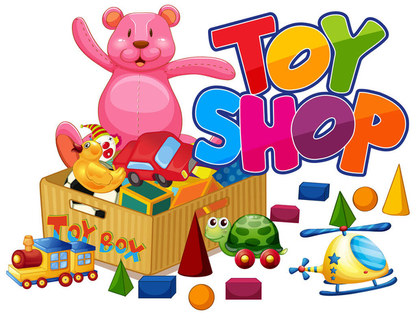 Diseño de palabras para tienda de juguetes con muchos juguetes en la ilustración del piso
 - Vector, Imagen