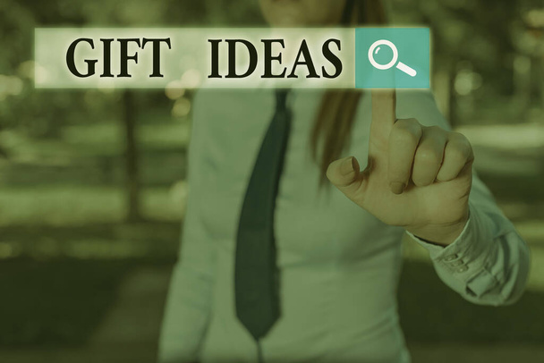 Writing note showing Gift Ideas. Business photo showcasing a thought or suggestion for giving a present to someone. - Photo, Image