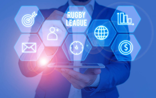 Schreiben Notiz zeigt Rugby-Liga. Business-Foto zeigt die Form des Rugby-Fußballs, der zwischen Teams von 13 Spielern gespielt wird. - Foto, Bild