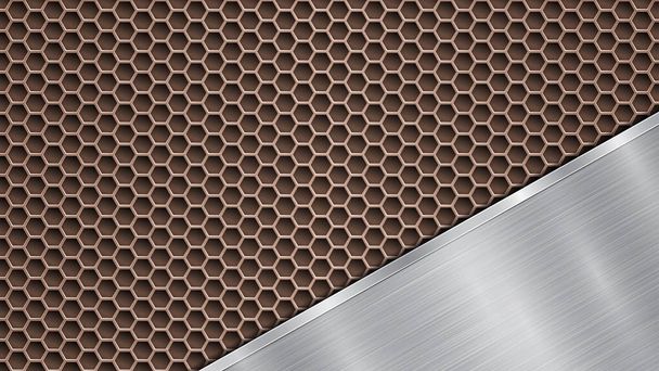 Background of bronze perforated metallic surface with holes and angled silver polished plate with a metal texture, glares and shiny edges - Vector, Image
