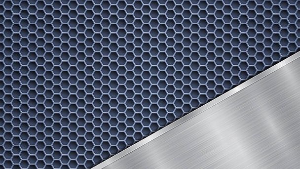 Фон синьої перфорованої металевої поверхні з отворами та кутовою срібною полірованою пластиною з металевою текстурою, блискавками та блискучими краями
 - Вектор, зображення