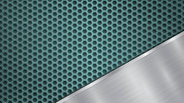 Background of light blue perforated metallic surface with holes and angled silver polished plate with a metal texture, glares and shiny edges - Vector, Image