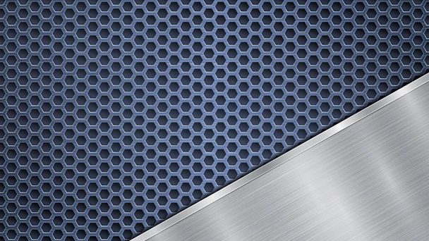 Hintergrund aus blauer perforierter metallischer Oberfläche mit Löchern und abgewinkelter silberpolierter Platte mit metallischer Struktur, grellen Farben und glänzenden Kanten - Vektor, Bild