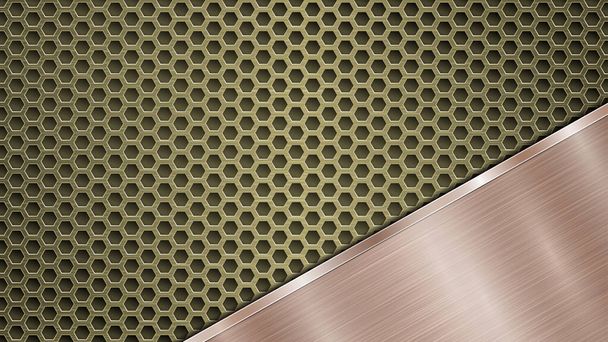 Background of golden perforated metallic surface with holes and angled bronze polished plate with a metal texture, glares and shiny edges - Vector, Image