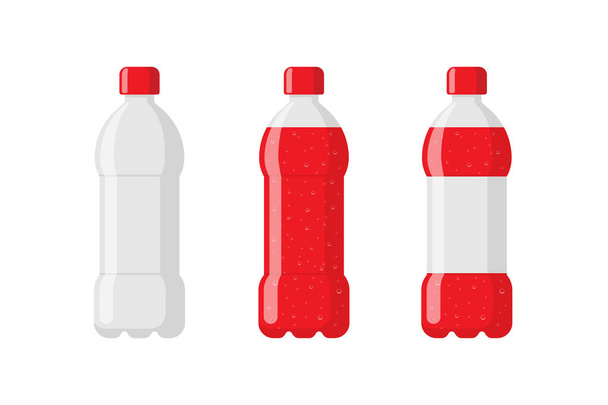 プラスチックボトルパッケージは、赤いソーダ飲料とラベルが空に設定されています。炭酸飲料と泡が描かれたフラットベクトルイラスト - ベクター画像