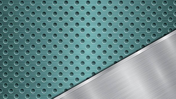 Hintergrund aus hellblauer perforierter metallischer Oberfläche mit Löchern und abgewinkelter silberpolierter Platte mit Metallstruktur, grellen und glänzenden Kanten - Vektor, Bild
