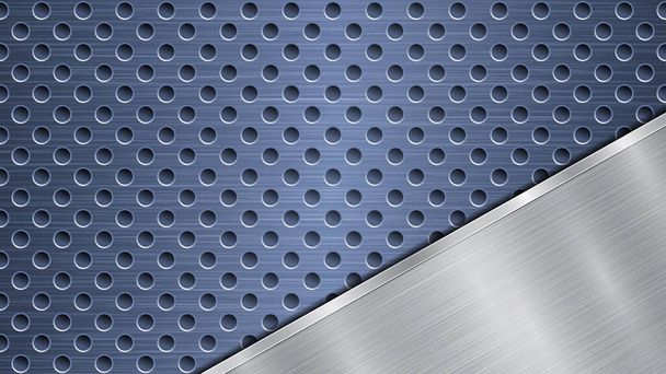 Background of blue perforated metallic surface with holes and angled silver polished plate with a metal texture, glares and shiny edges - Vector, Image