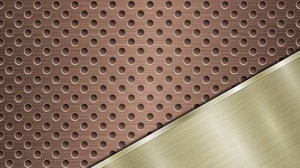 Hintergrund aus Bronze perforierte metallische Oberfläche mit Löchern und abgewinkelte goldene polierte Platte mit einer Metallstruktur, grelle und glänzende Kanten - Vektor, Bild