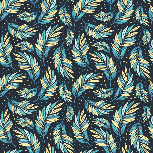 Hand drawn palm leaves seamless pattern. Tropical plants on a black background. Exotic Wallpaper. Vector illustration. - Vettoriali, immagini